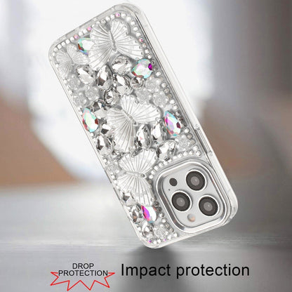 Phone Case for Apple iPhone 14 Pro Max Luxury 3D Floral Butterfly Bling Rhinestone Glitter Shockproof Stylish Protective Hybrid Designer Metallic Cover Silver