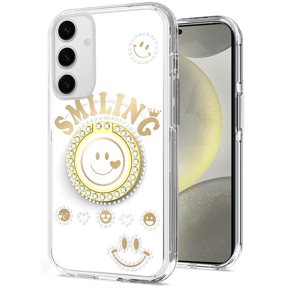 For Samsung Galaxy S25 Ultra Smiling Glitter Ornament Bling Sparkle with Ring Stand Hybrid Slim TPU + Hard Back Shell Case Cover