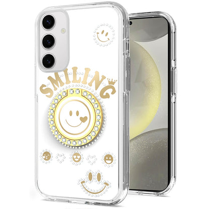 For Samsung Galaxy S25 Ultra Smiling Glitter Ornament Bling Sparkle with Ring Stand Hybrid Slim TPU + Hard Back Shell Case Cover