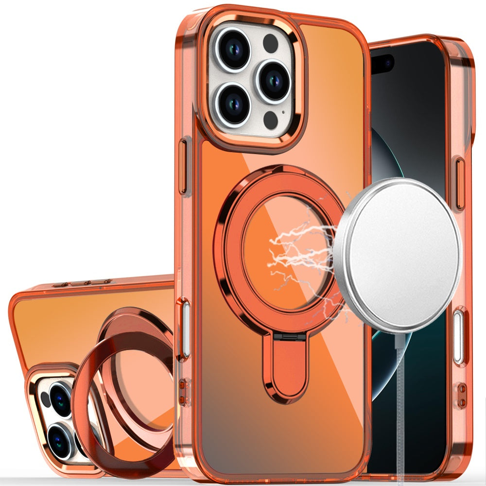 For iPhone 16 Pro Max (6.9") Chrome Hybrid with Rotating Magnetic Circle Ring Stand, Slim Shockproof Hybrid Protector Cosmic Orange