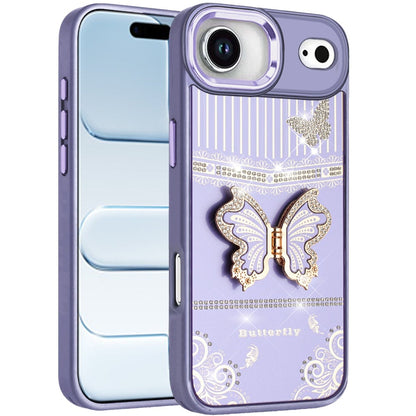 For Apple iPhone 17 Air (6.6") Glitter 3D Butterfly Design Bling Metallic Edge Hybrid Stand Drop Protection TPU Shockproof Case Cover