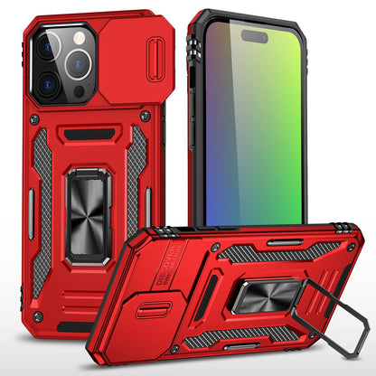 Phone Case for iPhone 15 Tough Metal Ring Shockproof Sliding Camera Window Hybrid Armor Rugged Anti Slip Heavy Duty Grip Cover Red