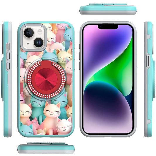 For iPhone 14/13 (6.1") Pattern Design Hybrid with Invisible Ring Stand & Magnetic Back, Shockproof Protective Grip Case Cover