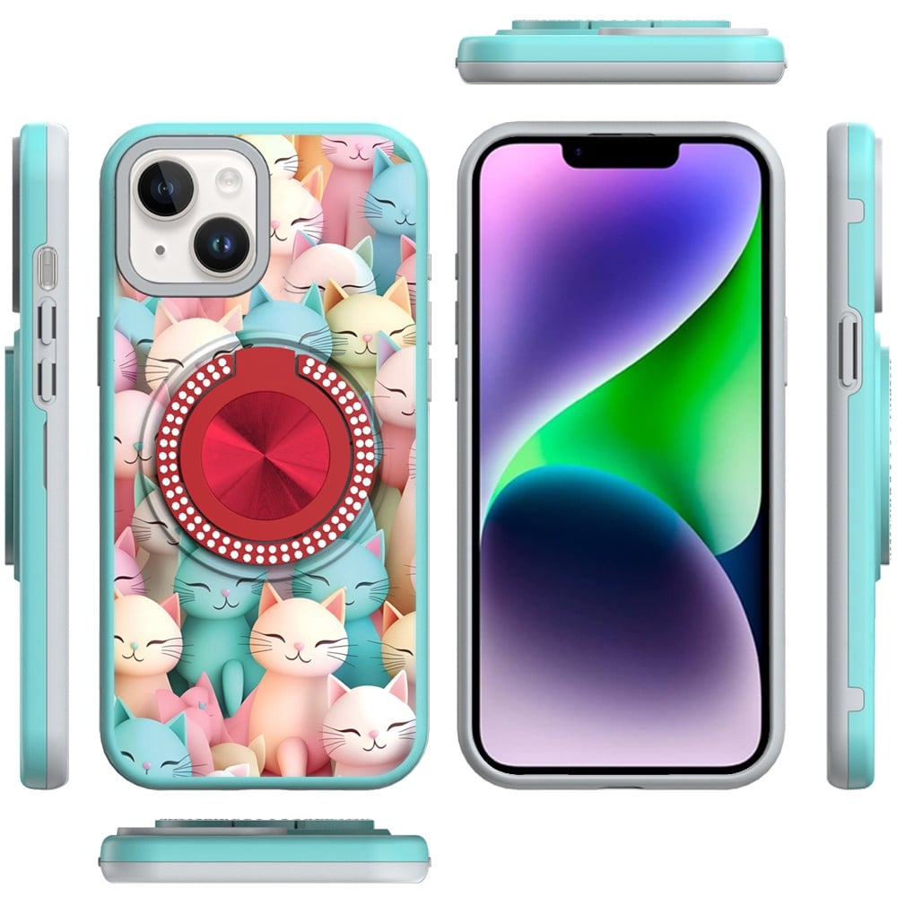 For iPhone 14/13 (6.1") Pattern Design Hybrid with Invisible Ring Stand & Magnetic Back, Shockproof Protective Grip Case Cover