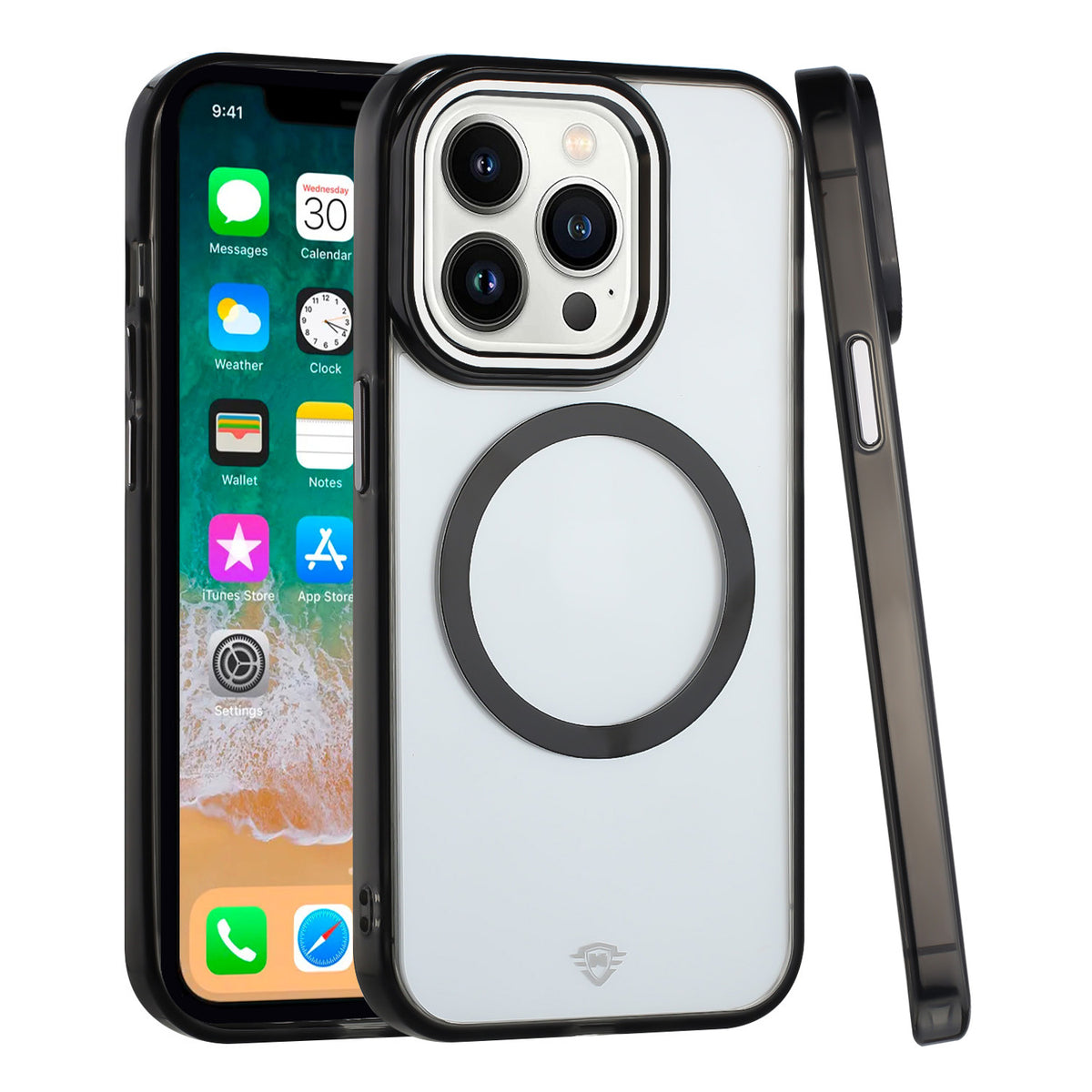 For Apple iPhone 14 Pro Transparent Back Hybrid Case - Magnetic Circle, Color Frame, Metal Buttons, MagSafe Compatible Case Cover Black