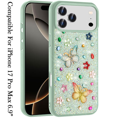 For Apple iPhone 17 Pro Max (6.9") Diamond Butterfly 3D Glitter Bling Design, Slim Hybrid Sparkle Protective Cover TPU for Women Girls Case Cover