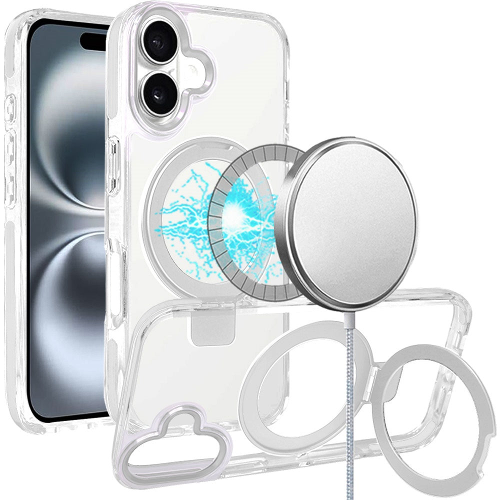 For Apple iPhone 16 (6.1") Hybrid Transparent Circle Back Ring Kickstand [Compatible with MagSafe] Shockproof Color Frame Bumper Case Cover