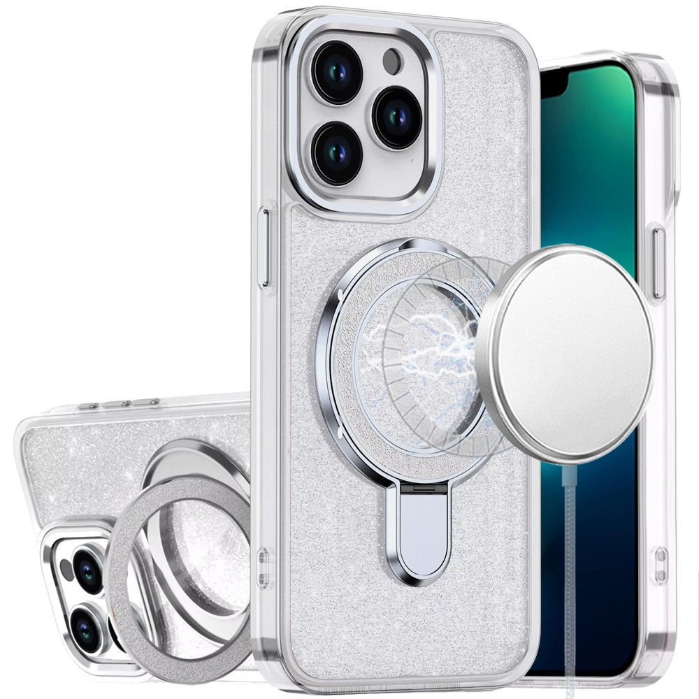 Phone Case for Apple iPhone 13 Pro Max Transparent Glitter Bling Magnetic Ring Stand Shockproof Anti Slip Rotating Grip Protective Hybrid Durable Armor Cover