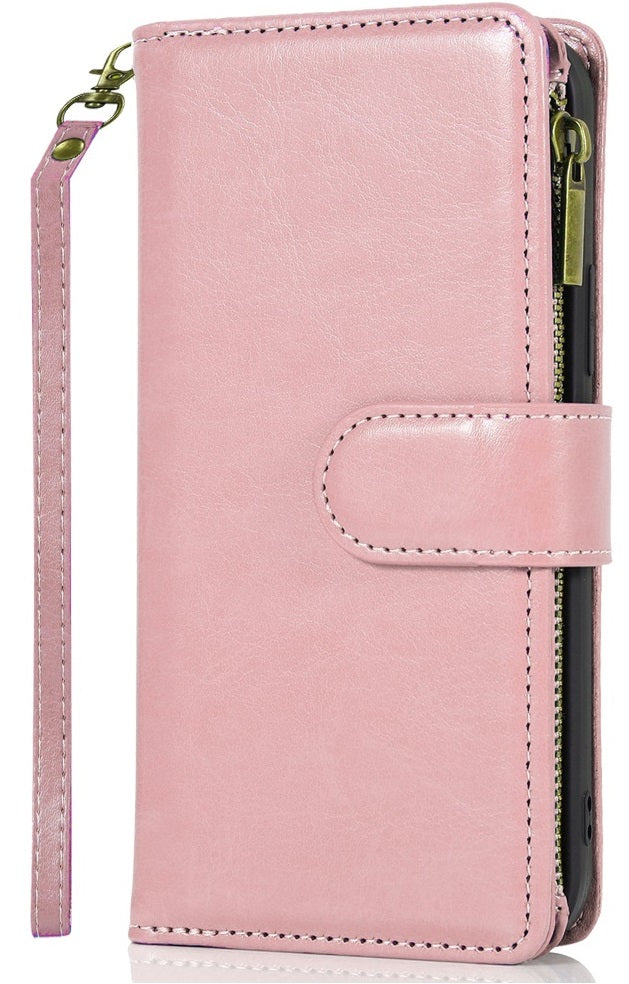 For iPhone 14 Pro Max (6.7") Leather Wallet Case with Zipper, 9 Card Slots, Cash Pocket, Stand & Strap, Clutch Pouch Design Case Cover Rose Gold