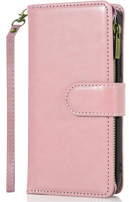 For iPhone 14 Pro Max (6.7") Leather Wallet Case with Zipper, 9 Card Slots, Cash Pocket, Stand & Strap, Clutch Pouch Design Case Cover Rose Gold