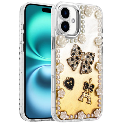 For Apple iPhone 17 (6.3") Bling Fashion Design with 3D Pearls Epoxy Glitter Ornaments Chrome Edge Hard Slim PC Case Cover