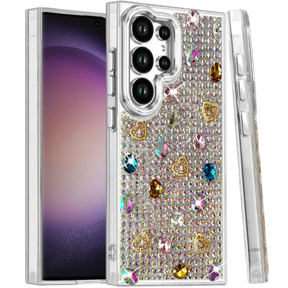 Phone Case for Samsung Galaxy S23 Ultra Chrome Fashion Hybrid Bling Diamond Heart Rhinestone Decorative Stones Sparkling Embellished Design Cover