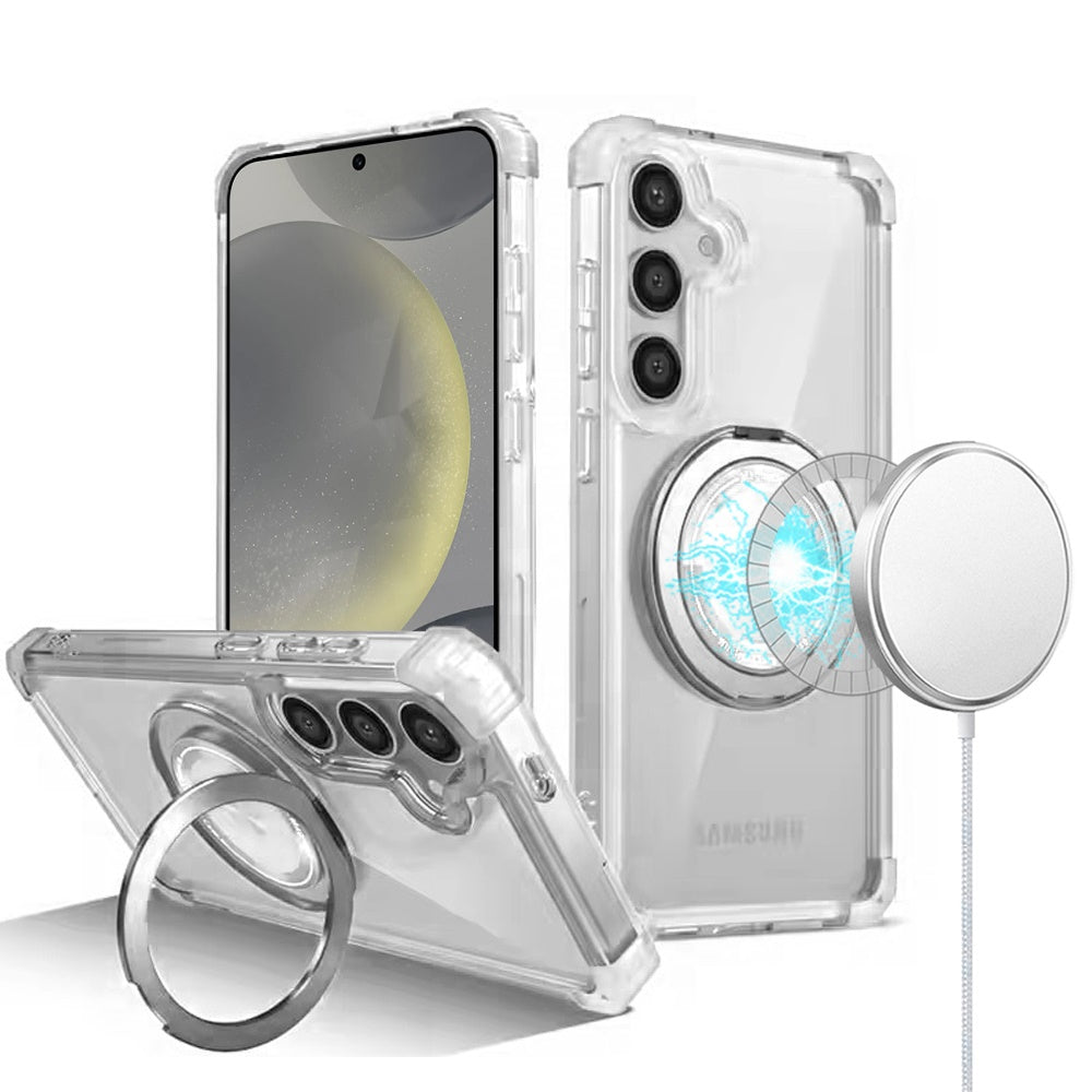 For Samsung Galaxy S25 /S24 Shield Magnetic Case [Compatible with MagSafe], 360° Rotatable Invisible Ring Stand, Transparent Back Case Cover