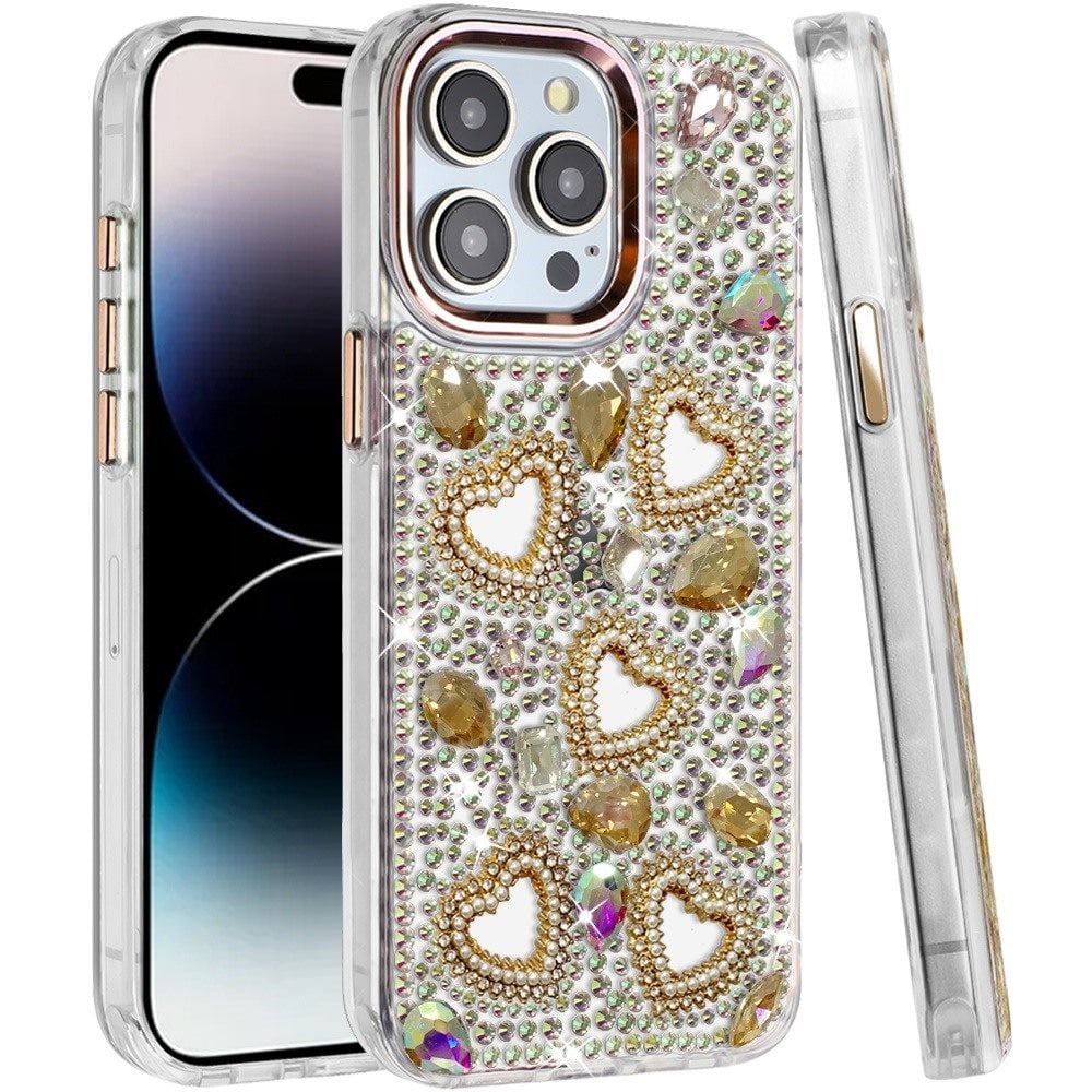 Phone Case for Apple iPhone 14 Pro Max Luxury Crystal Heart Rhinestone Diamond Bling Shockproof Hybrid Glitter Protective Stylish Durable Grip Cover