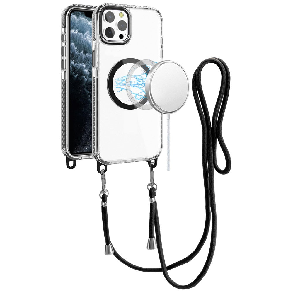 For Apple iPhone 11 Pro Max Clear Magnetic Frame PC Back Shockproof Protective Case with Detachable Lanyard Strap, Compatible with MagSafe Case Cover Black