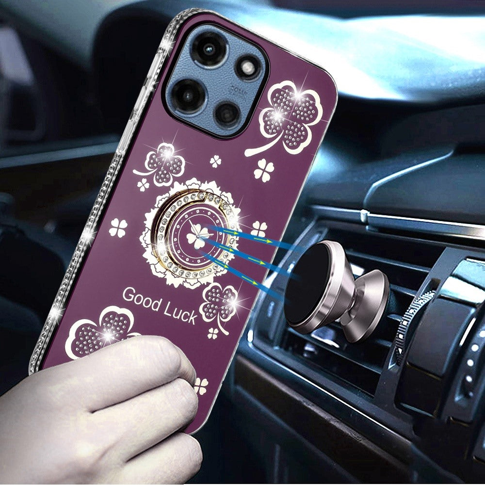 Phone Case for Motorola Moto G 5G 2026/ Moto G 5G 2025 Glitter Diamond Ring Stand Sparkle Rhinestone Edge AntiSlip Kickstand Luxury Fashion Bumper Shockproof Cover Purple