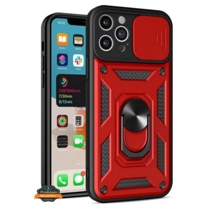 For Apple iPhone 15 Pro (6.1") Built in Sliding Camera Lens Protection & Finger Ring Stand Holder Hybrid Shockproof  Phone Case Cover