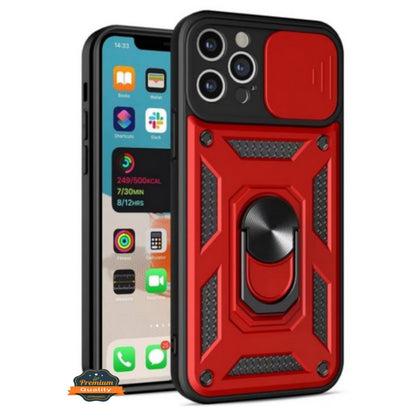 For Motorola Moto G 5G 2025 Hybrid Shockproof, Built-in Sliding Camera Lens Protection with Magnetic Finger Ring Stand Holder Case Cover Red