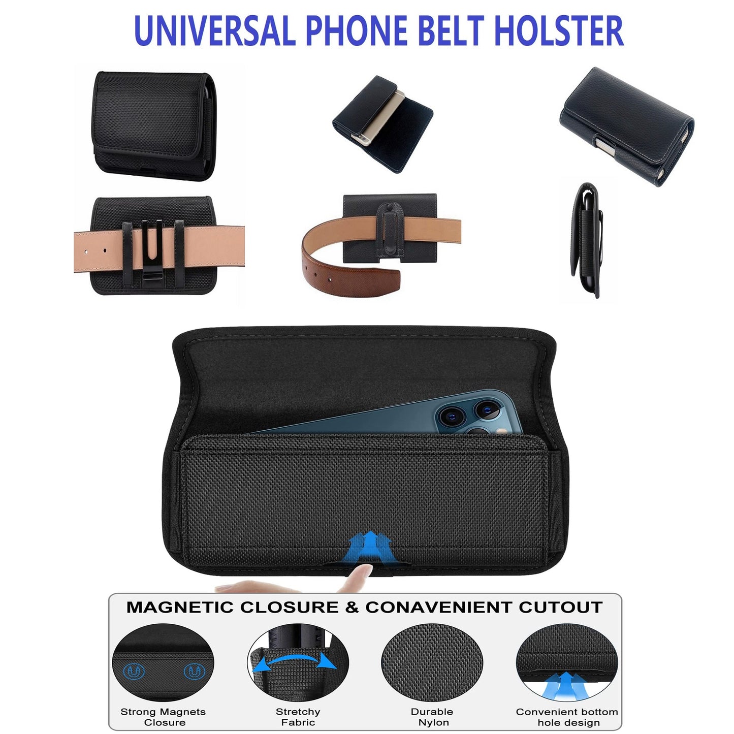 For Apple iPhone 16 Pro (6.3") Nylon Canvas Fabric Waist Belt Holster Horizontal Pouch Holds Large Phone Works with Thick Cases Universal Cover [Black]