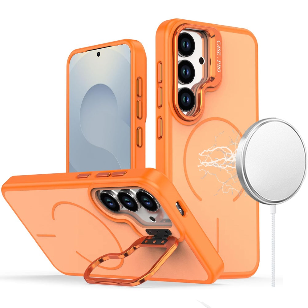 For Samsung Galaxy S26 Magnetic Matte Metal Camera Stand Hybrid Drop Protection Durable Shockproof Slim Fit Design Case Cover Cosmic Orange