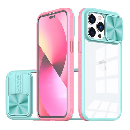 Phone Case for Apple iPhone 14/13 Clear Transparent Back with Sliding Camera Hybrid Shockproof Slim Protective Durable Colorful Frame Cover Pink/Blue
