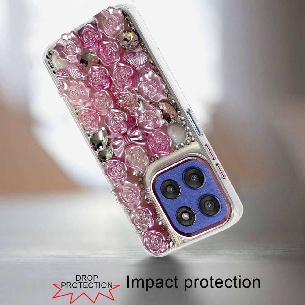 For Motorola Moto G Stylus 5G 2026 /2025 3D Diamond Floral Roses Flower Bling Stone Hybrid, Sparkly Rhinestone Gemstone Back Shockproof Case Cover