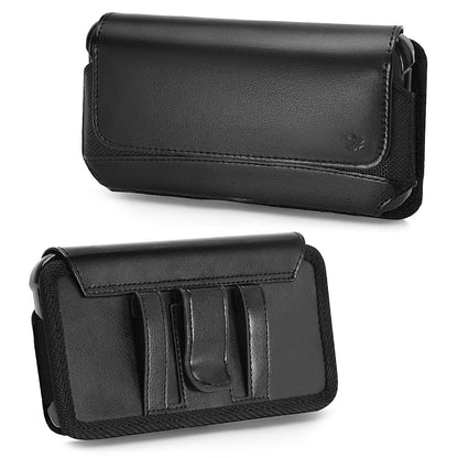 For Apple iPhone 16 Pro (6.3") Universal Phone Holder Horizontal Leather Nylon [Magnetic Closure] with Belt Clip Holster Loops Carrying Pouch XL Screen Size 6.3" [Black]