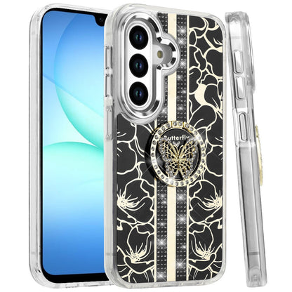For Samsung Galaxy A17 5G Diamonds 3D Butterfly Floral Design Bling Sparkly Glitter Hybrid Metal Fashion with Ring Stand Case Cover