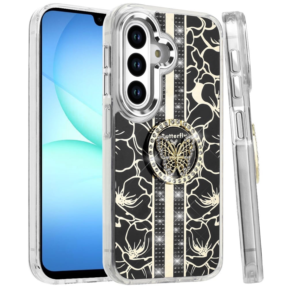 Phone Case for Galaxy A17 5G Floral Butterfly Ring Stand Glitter Bling Shockproof Hybrid Luxury Fashion Protective Anti Slip Durable Grip Cover