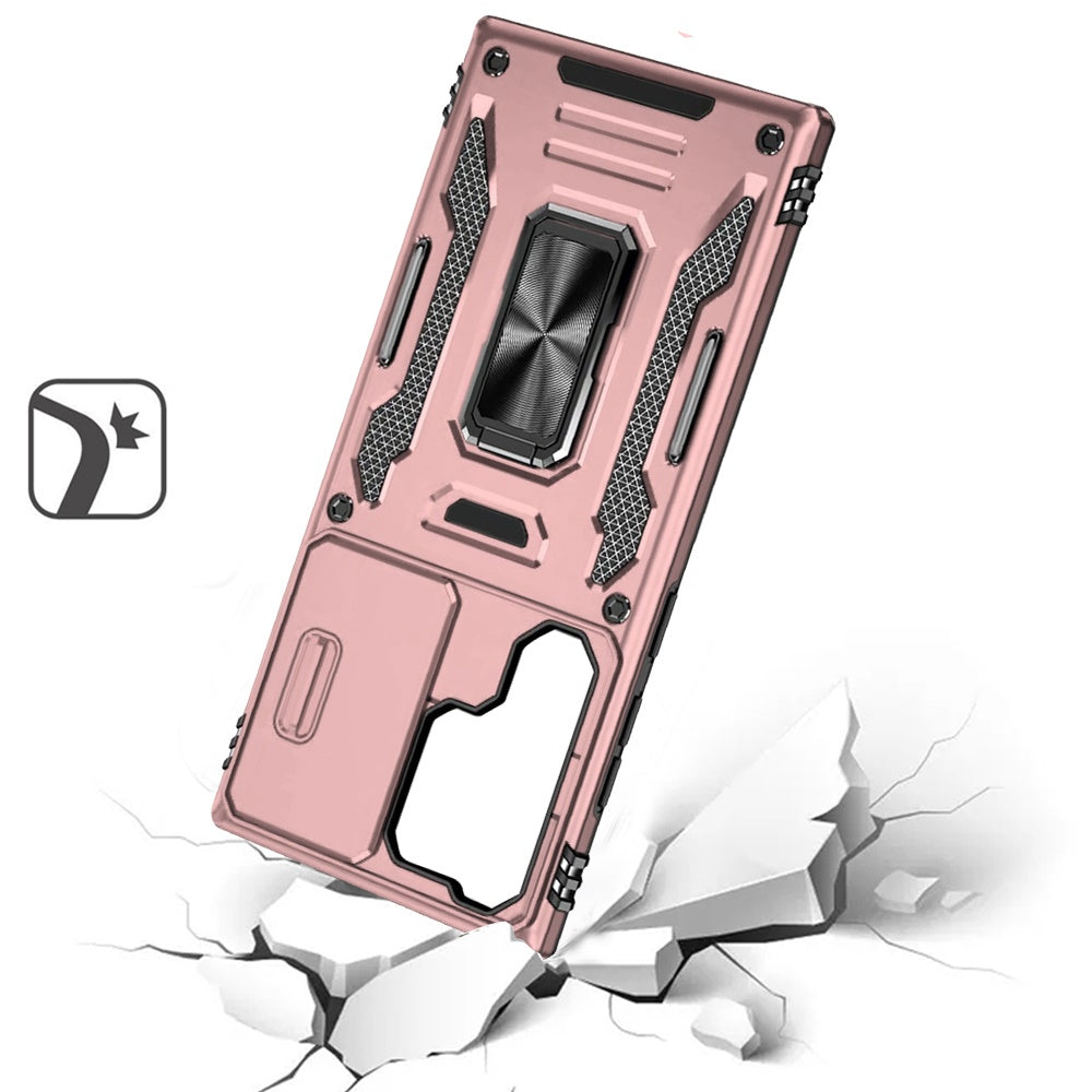 Phone Case for Samsung Galaxy S24 Ultra Tough Metal Ring Shockproof Sliding Camera Window Hybrid Armor Rugged Anti Slip Heavy Duty Grip Cover Gold