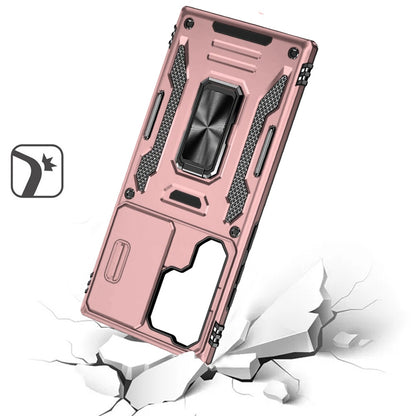 Phone Case for Samsung Galaxy S24 Ultra Tough Metal Ring Shockproof Sliding Camera Window Hybrid Armor Rugged Anti Slip Heavy Duty Grip Cover Gold