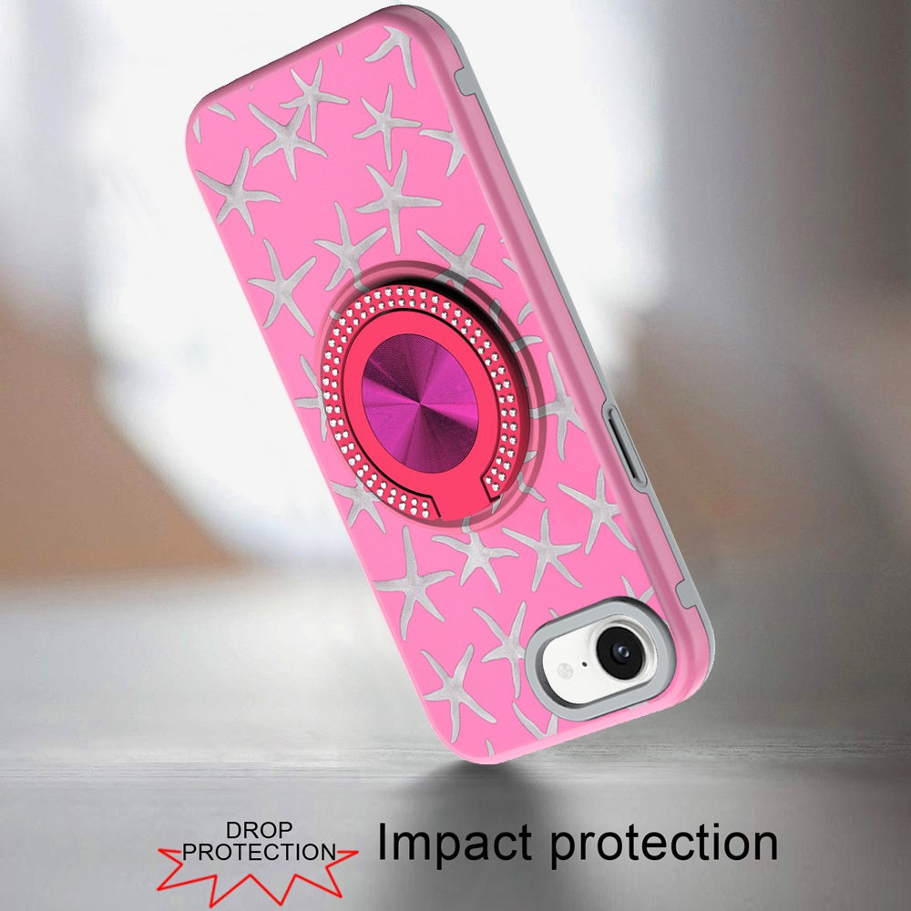 For Apple iPhone 14 /13 Pattern Design Hybrid with Invisible Ring Stand & Magnetic Back, Shockproof Protective Grip Case Cover