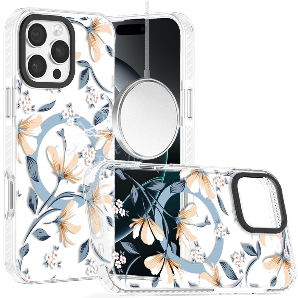Phone Case for iPhone 16 Pro Max Magnetic Hybrid IMD Floral Compatible with MagSafe Shockproof Slim Hybrid Fashion Design TPU Protective Cover White