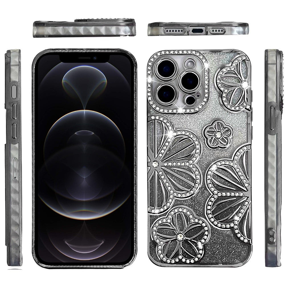 For Apple iPhone 17E /16E Luxury Flower Design Sparkle Glitter Diamond Rhinestone Shimmer Bling Plating Thick TPU Hard PC Case Cover