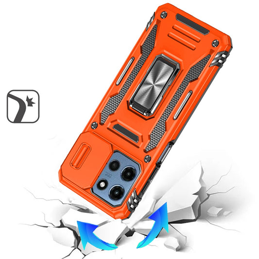 For Motorola Moto G 5G 2026/2025 Tough Hybrid Case with Movable Camera Window & Metal Ring Stand Shockproof Case Cover Cosmic Orange