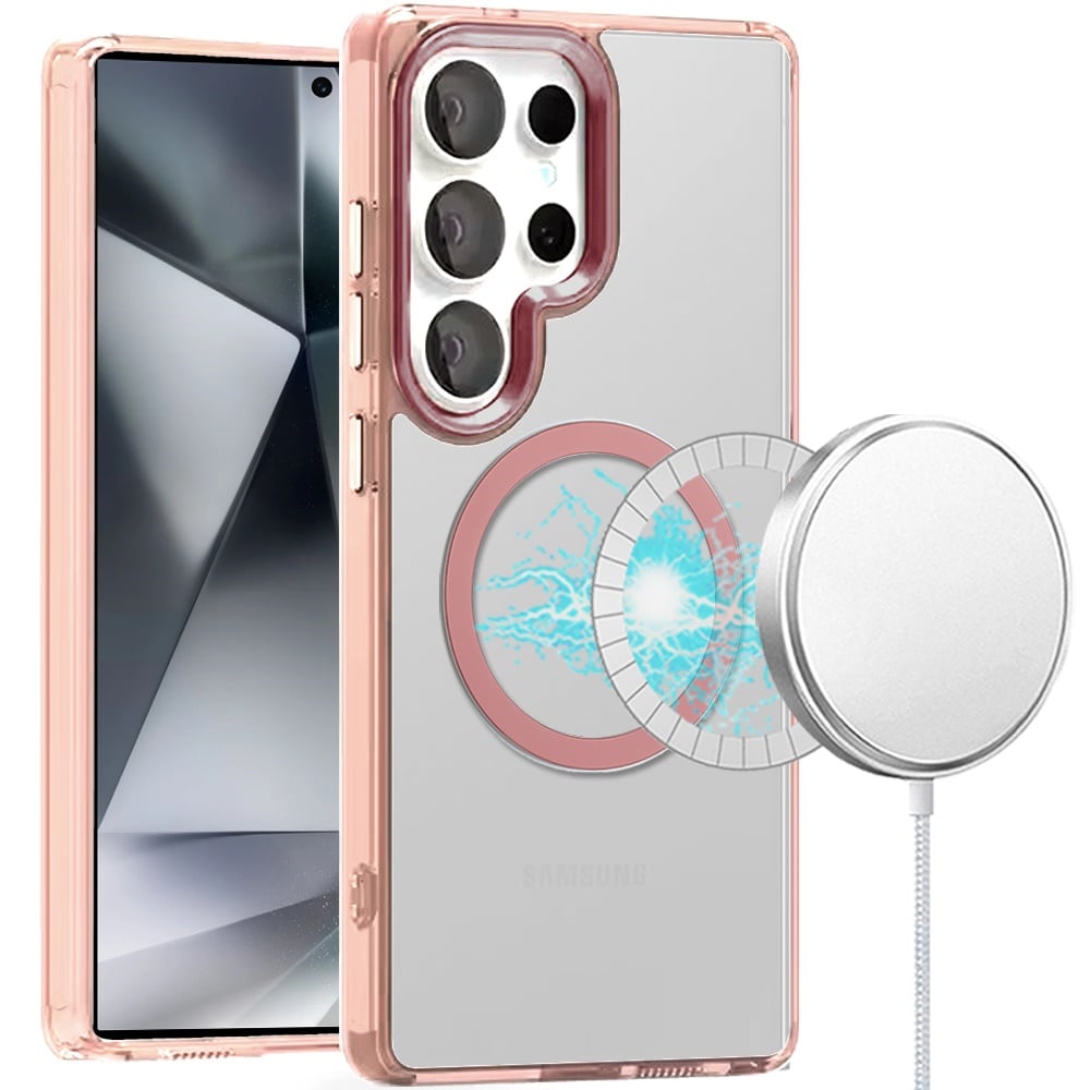 For Samsung Galaxy S24 Ultra Transparent Back Hybrid Case - Magnetic Circle, Color Frame, Metal Buttons, MagSafe Compatible Case Cover