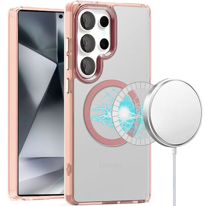 For Samsung Galaxy S24 Ultra Transparent Back Hybrid Case - Magnetic Circle, Color Frame, Metal Buttons, MagSafe Compatible Case Cover