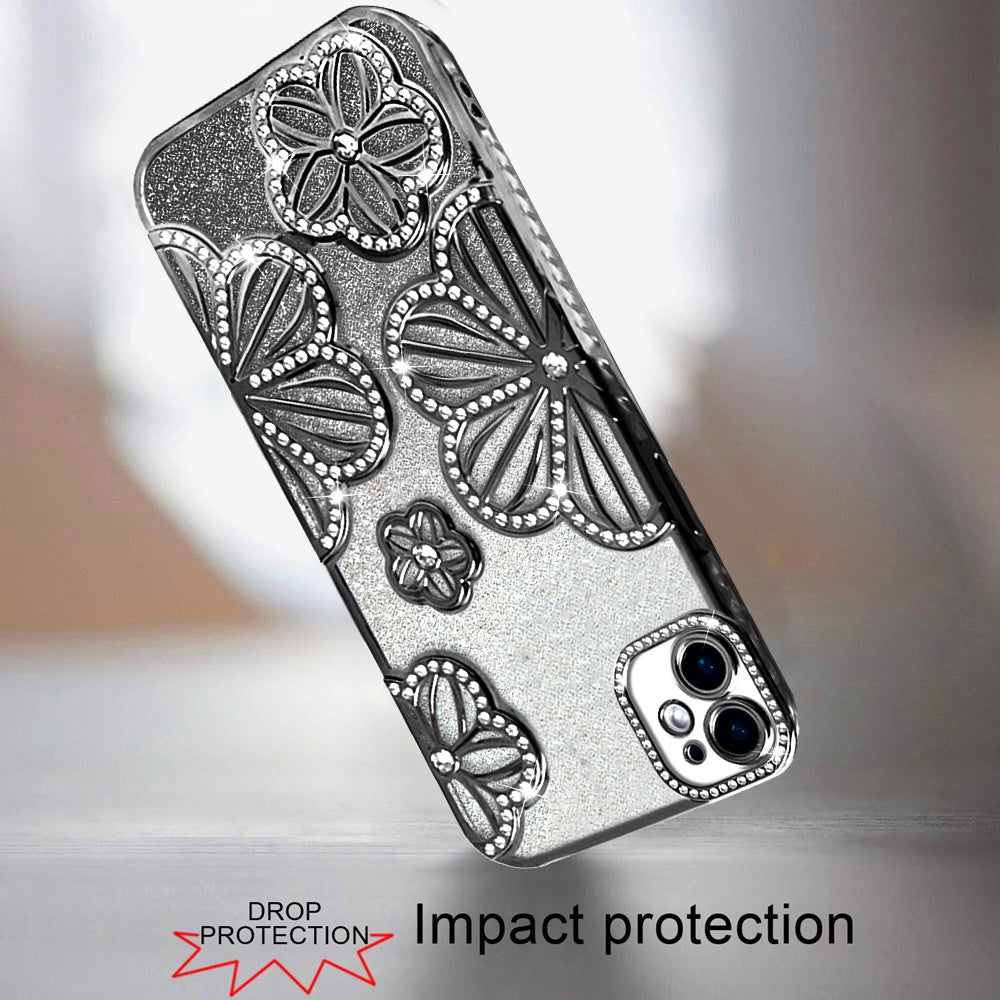 For iPhone 12 / iPhone 12 Pro (6.1") Luxury Flower Design Sparkle Glitter Diamond Rhinestone Shimmer Bling Plating Thick TPU Hard PC Case Cover