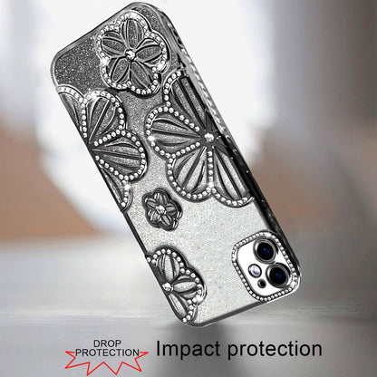 For iPhone 12 / iPhone 12 Pro (6.1") Luxury Flower Design Sparkle Glitter Diamond Rhinestone Shimmer Bling Plating Thick TPU Hard PC Case Cover