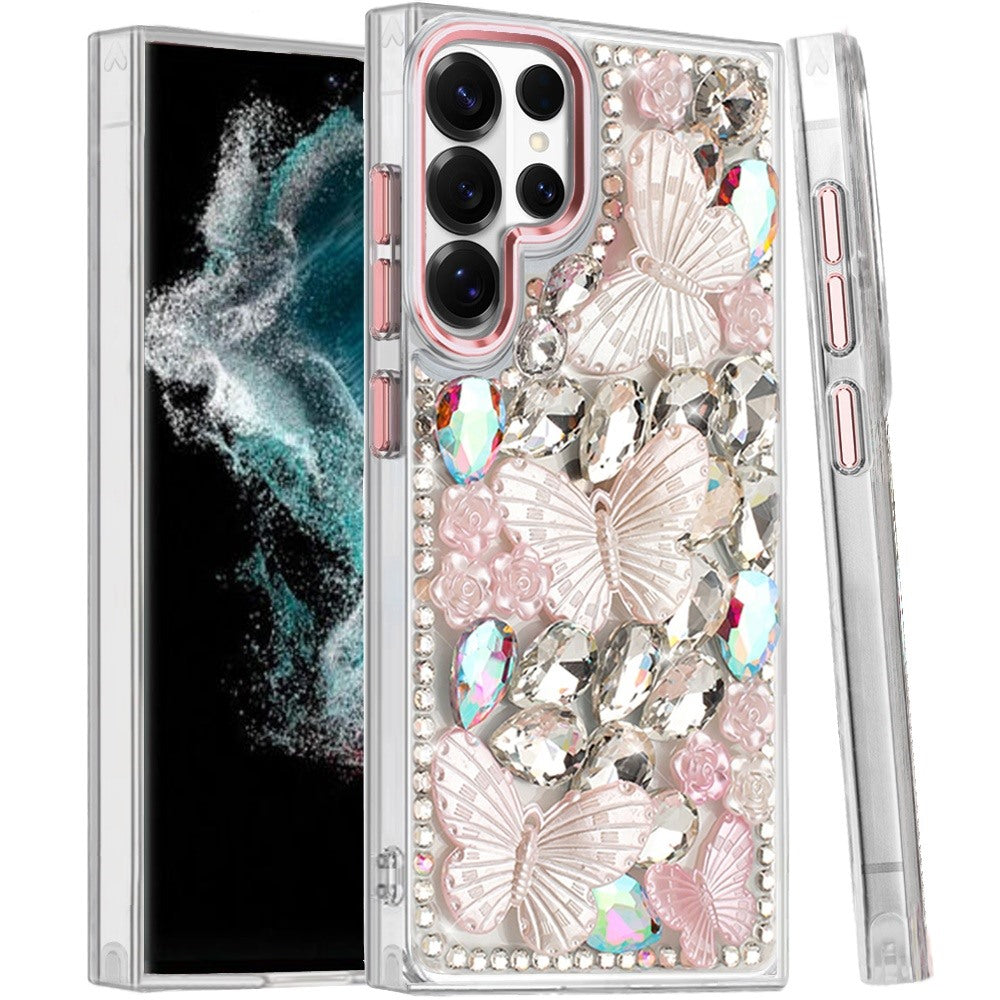 Phone Case for Galaxy S22 Ultra Luxury 3D Floral Butterfly Bling Rhinestone Glitter Shockproof Stylish Protective Hybrid Designer Metallic Cover Pink