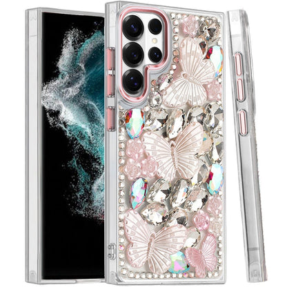 Phone Case for Galaxy S22 Ultra Luxury 3D Floral Butterfly Bling Rhinestone Glitter Shockproof Stylish Protective Hybrid Designer Metallic Cover Pink