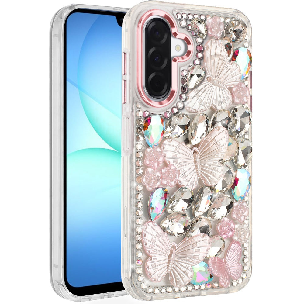 For Samsung Galaxy S25 FE, S25 Fan Edition 3D Diamond Floral Butterfly Bling Stone Hybrid, Sparkly Rhinestone Gemstone Back Shockproof Case Cover Purple