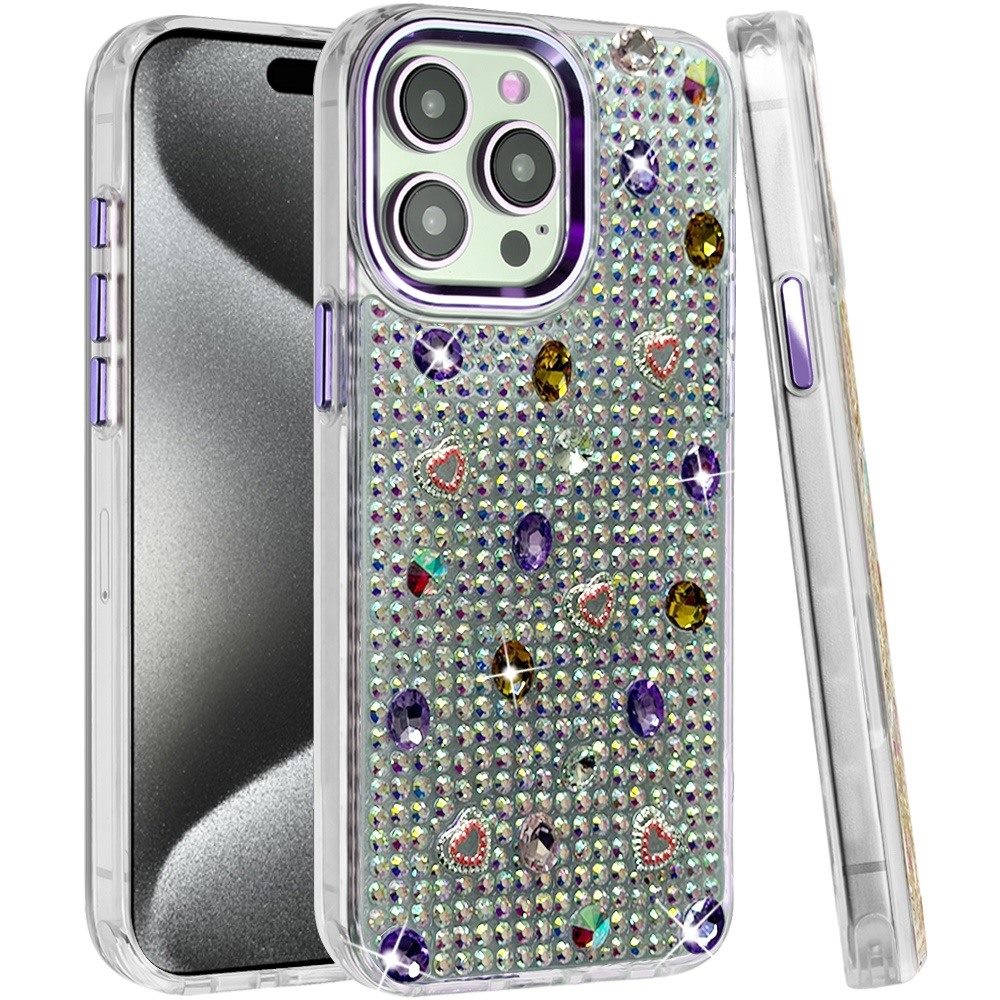 Phone Case for Apple iPhone 15 Pro Max Chrome Fashion Hybrid Bling Diamond Heart Rhinestone Decorative Stones Sparkling Embellished Design Cover