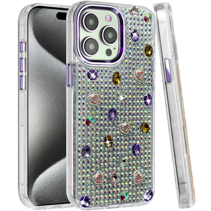 Phone Case for Apple iPhone 15 Pro Max Chrome Fashion Hybrid Bling Diamond Heart Rhinestone Decorative Stones Sparkling Embellished Design Cover