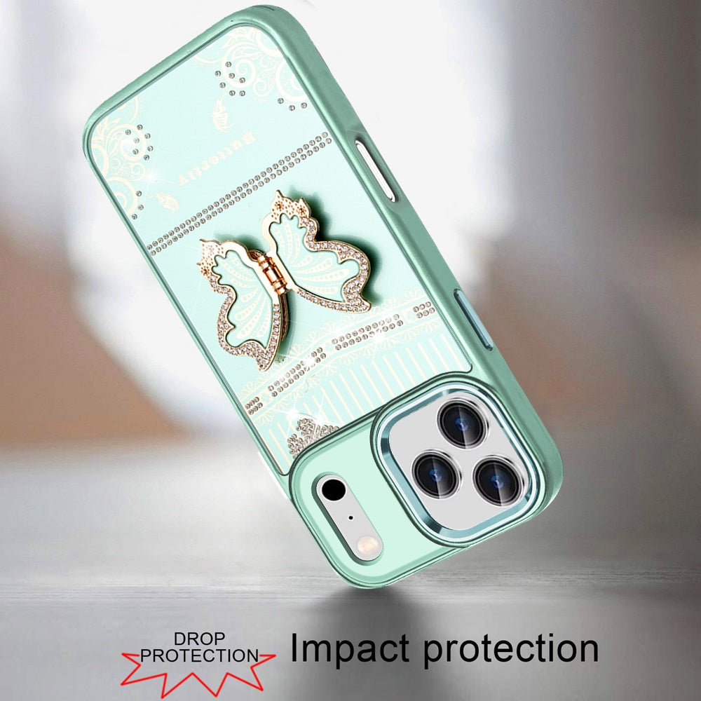 Glitter Bling Butterfly Stand Metallic Edge Hybrid Shockproof Grip Durable Camera Protection Stylish Design
