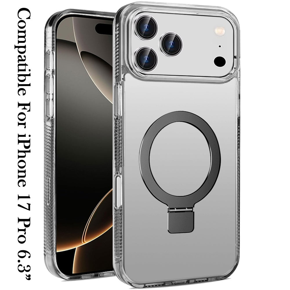 For Apple iPhone 17 Pro (6.3") Transparent Magnetic Ring Circle Stand with MagSafe Compatible Hybrid Dotted Edged Hard PC Shockproof Case Cover Black