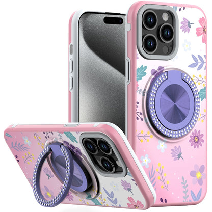 For Apple iPhone 15 Pro Max Pattern Design Hybrid with Invisible Ring Stand & Magnetic Back, Shockproof Protective Grip Case Cover