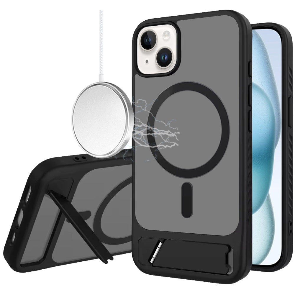 Phone Case for iPhone 15 Matte Magnetic Metal Kickstand Shockproof Grip Anti Slip Durable Protective Heavy Duty Hybrid Cover