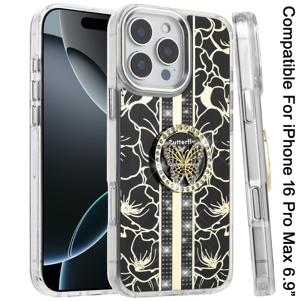 Phone Case for Apple iPhone 16 Pro Max Floral Butterfly Ring Stand Glitter Bling Shockproof Hybrid Luxury Fashion Protective Anti Slip Durable Grip Cover