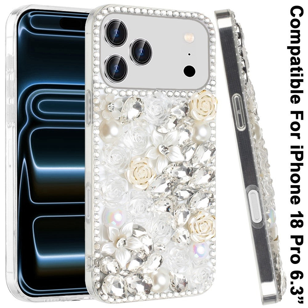 Phone Case for Apple iPhone 18 Pro/ 17 Pro Rose Flower Full Diamond Bling Rhinestone Glitter Luxury Stylish Sparkle Protective Designer Hybrid Cover